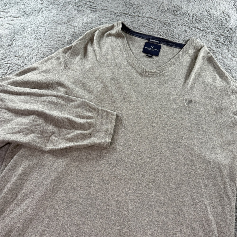 American Eagle Seriously Soft V-Neck Sweater Mens XXL Beige Cotton Wool Blend
